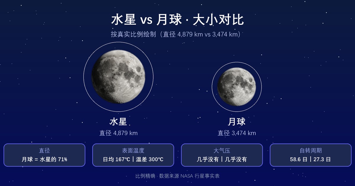 水星与月球大小对比示意图，水星直径4879公里，月球3474公里，白底简约科学示意图